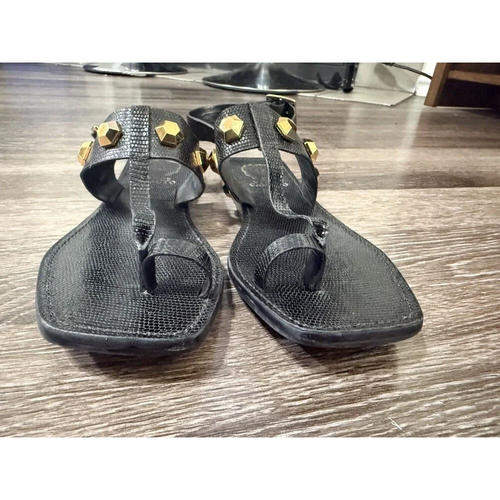 Vince Camuto Women's Black Leather Flat Sandals Size 7.5 M Studded Buckle Design